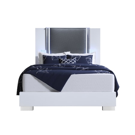 Homeroots White and Gray Wood And Faux Leather Lighted King Bed Frame 564752