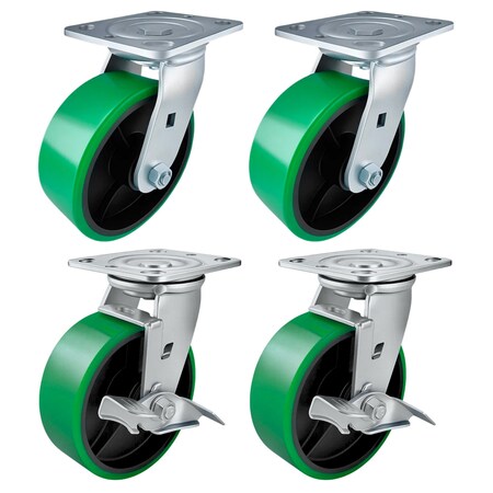 Hyw Products Heavy Duty Caster Set 6in Green Polyurethane on Cast Iron Wheels, 2 Swivel & 2 Swivel w/ Brake, 4PK 40-60S-A1-PC-2,40-60S-A1-PC-TB-2 (G)