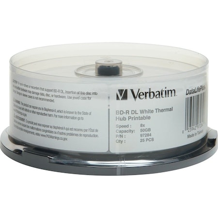 Verbatim Americas BD-R DL 50GB 8X, White Label, DataLife+, White Thermal Hub Printable, Hard Coat, 25PK Spindle 97284