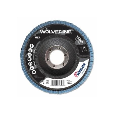 Weiler Vortec Pro Abrasive Flap Disc, Zirconium, 4-1/2 in dia, 120 Grit, 7/8 Arbor, 13000 RPM 804-31347