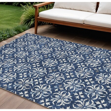Homeroots 9' X 12' Navy Blue And Ivory Floral Washable Indoor Outdoor Area Rug 595977