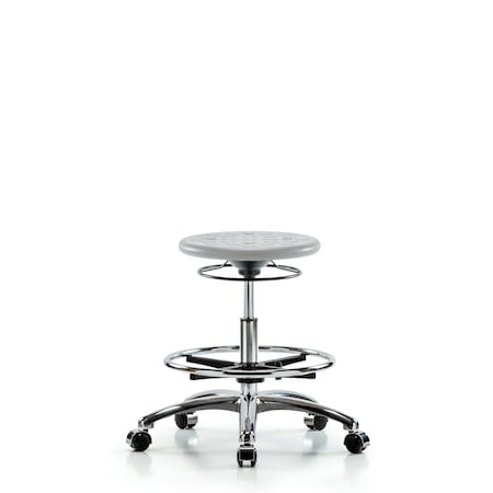 Blue Ridge Ergonomics Class 10  Poly Clean Room Stool - Medium Bench Height with Chrome Foot Ring & Casters in Gray Poly CLR-IPMBSO-CR-CF-CC-GRY