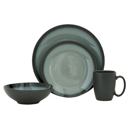 Homeroots Green and Black Sixteen Piece Round Tone on Tone Ceramic Service For Four Dinnerware Set 534530