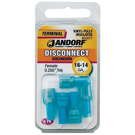 Jandorf Disconnect Terminal, 16 to 14 AWG Wire, Vinyl Insulation, Copper Contact, 5PK 60877