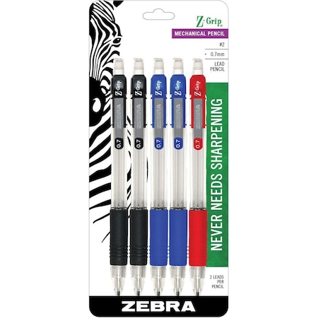 Zebra Pen Zebra Pen Z-Grip Mechanical Pencil - 0.7 mm Lead Diameter - Refillable - Clear, Assorted Barrel - 5-/ Set 52405