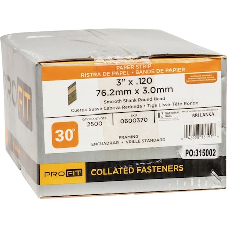 Pro-Fit 3''x0.120'' 30 Deg Paper Tape Smth Shank Round Head Hot Dipped Glvnzd Framing Stick Nails, 2500 Ct. 600370