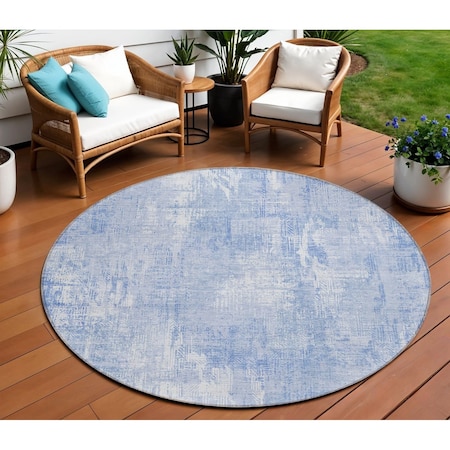 Homeroots 8' Sky Blue Denim Blue And Ivory Round Abstract Washable Indoor Outdoor Area Rug 583174