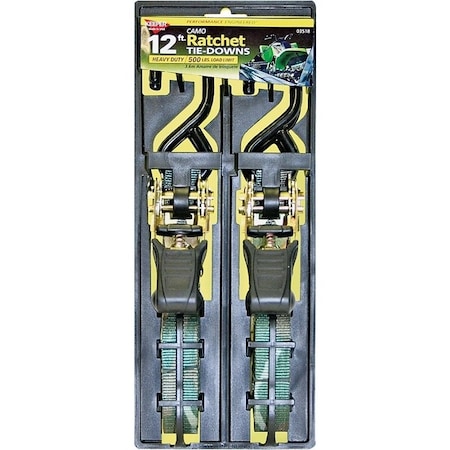Keeper Tie-Down, 1 in W, 12 ft L, Polyester, Camouflage, 500 lb, S-Hook End Fitting 03518