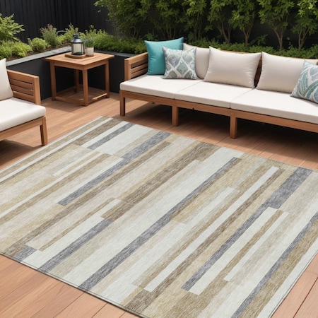 Homeroots 10' X 14' Ivory Beige And Taupe Striped Washable Indoor Outdoor Area Rug 613289