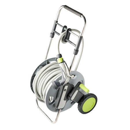 Kings County Tools Garden Hose Reel Cart w/ 100 ft 5/8in Water Hose & Nozzle Italian Made Portable Metal Holder GW68C02-07