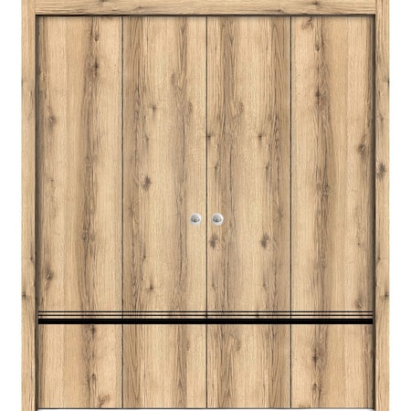 Sartodoors Sliding Closet Double Bi-fold Doors, Planum 0012 Oak and Aluminum Strips, Sturdy Tracks Moldings Tr PLANUM0012DBF-DUB-72 x 84 (4* 18x84)