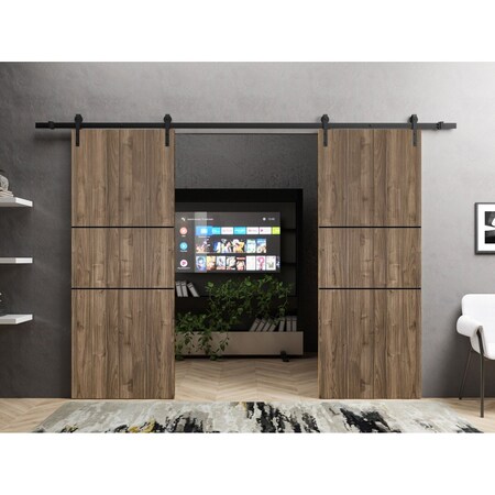 Sartodoors Sliding Double Barn Doors with Hardware, Planum 0014 Walnut and Aluminum Strips, 13FT Rail Hangers PLANUM0014DB-WLN-56