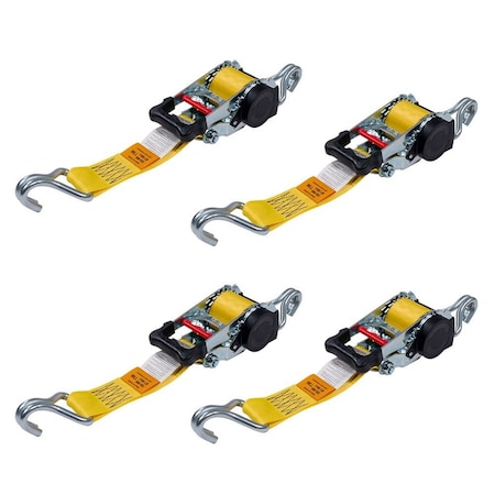 Mytee Products 2in x 10ft Auto Retractable Ratchet Tie Down Strap w/ Wire Hook - Yellow, 4PK RS210R-WHx4