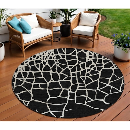 Homeroots 8' Black And Beige Round Abstract Washable Indoor Outdoor Area Rug 601106