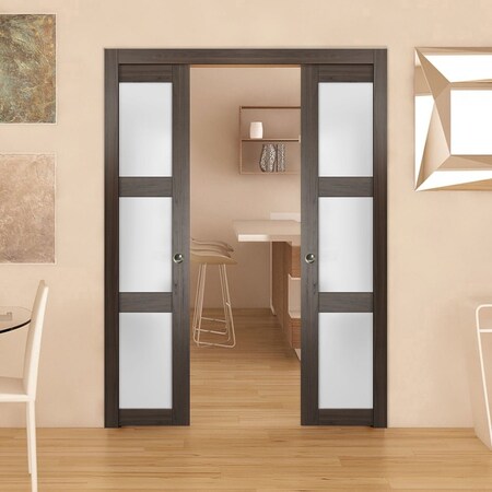 Sartodoors Sliding French Double Pocket Doors with Frosted Glass 56x80 (2* 28x80) Solid Core Modern Interior QUADRO4002DP-CA-56