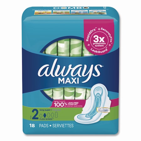 Always Maxi Long Super Daytime Pad with Wings, Size 2, Super Absorbency, 18PK 03368