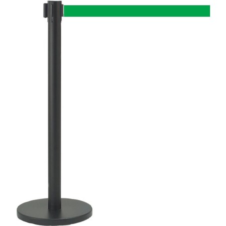 Retractable Belt Barrier, Black Finish/Green Belt, 7 ft Length, Black