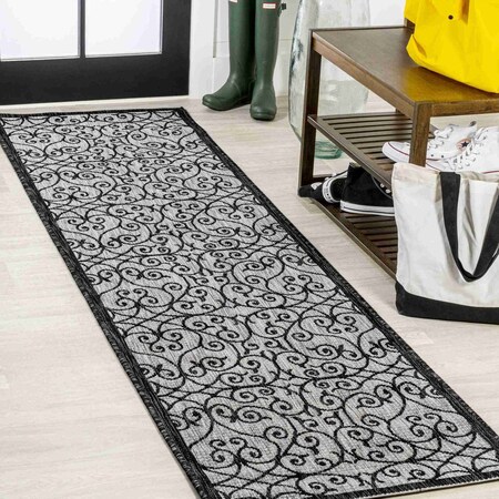 Jonathan Y Madrid Vintage Filigree Textured Weave Light Gray/Black 2 ft. x 10 ft. Indoor/Outdoor Runner Rug SMB107E-210