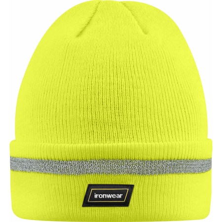Ironwear Hi Vis Polar Fleece Lined Acrylic Knit Reflective Cuffed Beanie, OSFA, Lime 1239-L
