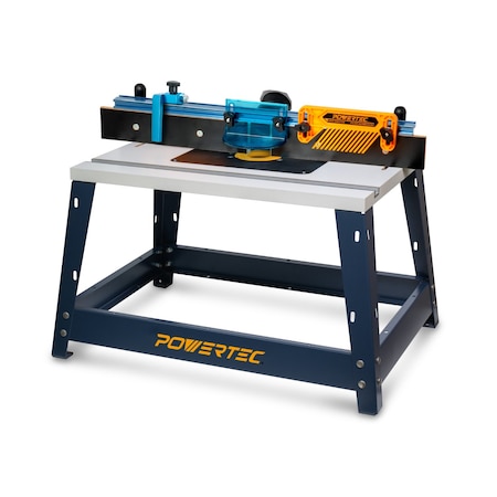 Powertec Benchtop Router Table w/ Steel Stand and Adjustable Fence, 24inx16in MDF Laminated Top 71402