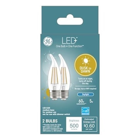 Ge LED+ 93121494 Dusk To Dawn Light Bulb, 500 Lumens, 5 W, CAM Lamp, 60 W Equivalent, PK2 93131714
