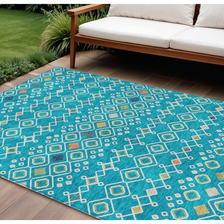 Homeroots 9' X 12' Teal Blue Ivory And Gold Geometric Washable Indoor Outdoor Area Rug 612224