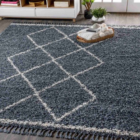 Jonathan Y Mercer Shag Plush Tassel Moroccan Tribal Geometric Trellis Denim Blue/Cream 4 ft. x 6 ft. Area Rug MCR103A-4