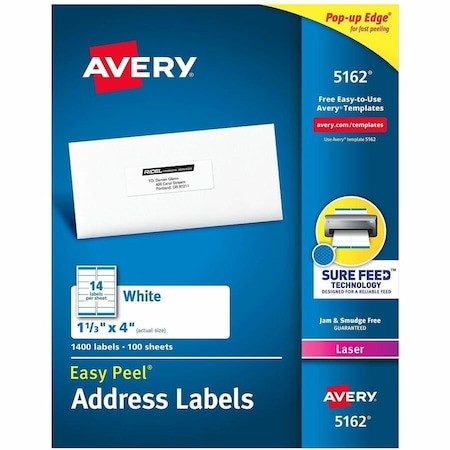 Avery Easy Peel Laser Address Labels, 1-1/3 x 4, White, 1400 Labels 5162