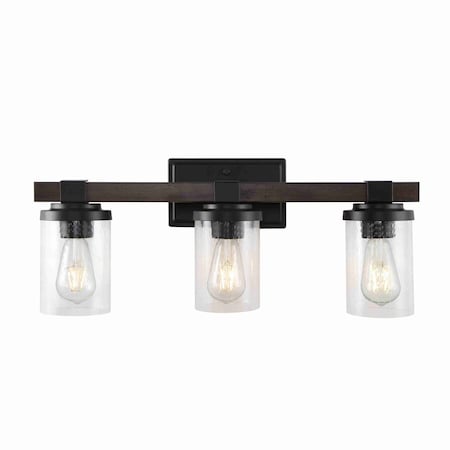 Jonathan Y Bungalow 22.75" 3-Light Iron/Seeded Glass Rustic Farmhouse LED Vanity Light, Oil Rubbed Bronze JYL7509A