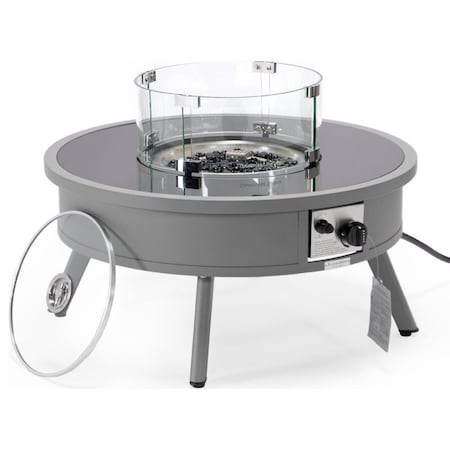 Leisuremod Walbrooke Outdoor Patio Aluminum Round Fire Pit Side Table with Lid and Fire Glass, Grey WGR-29-GL