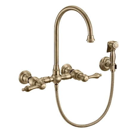 Whitehaus Collection Vintage III Plus Wall Mount Faucet with a Long Gooseneck Swivel Spout, and Solid Brass Side Spray WHKWLV3-9301-NT-AB