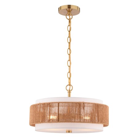 Vaxcel Abbotsford 2-Light Drum Pendant Light, Bright Gold, White Linen & Rattan Shade, 16-In. P0475