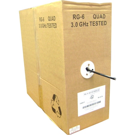 Cable Wholesale Quad Shielded Bulk RG6 Coaxial Cable, Black, 18 AWG, Solid CCS Core, Pullbox, 1000 foot 10X4-122TH