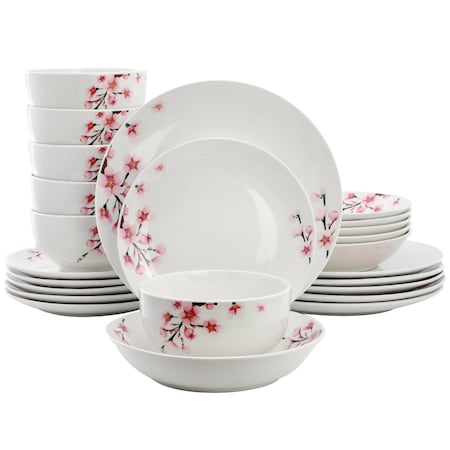 Elama Tamara 24 Piece Cherry Blossom Porcelain Double Bowl Dinnerware Set in White and Pink 750123735M