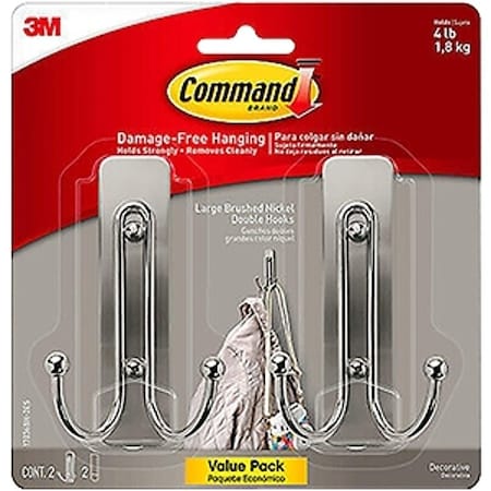 Command Large Decorative Hook, 4 lb, 2-Hook, Metal/Plastic, Brushed Nickel 17036BN-2ES