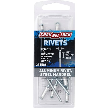 Channellock 3/16'' to 1/4''Dia.x0.063'' to 0.250'' Grip Aluminum Multigrip POP Rivet, 15PK 381586