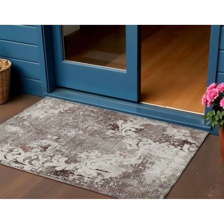 Homeroots 3' X 5' Taupe Ivory And Brown Damask Washable Indoor Outdoor Area Rug 596399