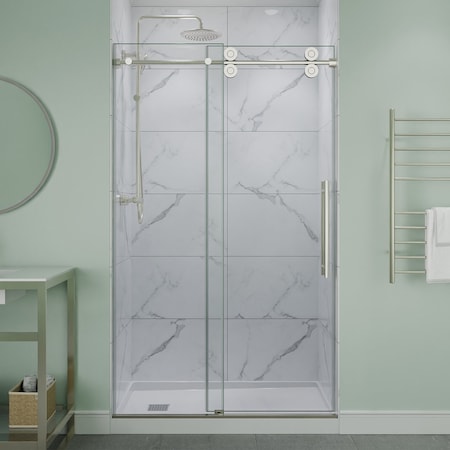 Anzzi 48in x 76in Frameless Shower Door with Sliding in Brushed Nickel with Tsunami Tempered Clear Glass SD-FRLS06101BN