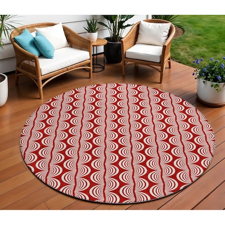 Homeroots 8' Red And Ivory Round Ogee Washable Indoor Outdoor Area Rug 601604
