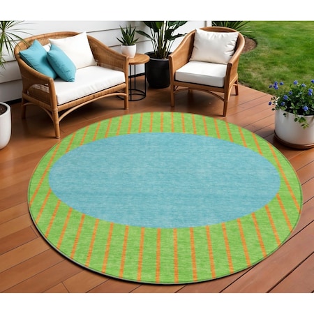 Homeroots 8' Lime Green And Blue Round Striped Washable Indoor Outdoor Area Rug 597177