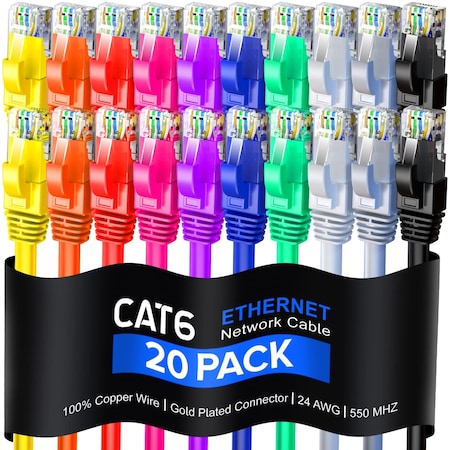 Maximm Cat6 Ethernet Cable 0.9ft 10Gbps 550MHz UTP, 20PK, Multicolor, 20PK CAT6-0.9FT20PKMULTI