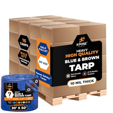 Xpose Safety Heavy Duty Tarp, 30 ft x 50 ft, 7 Mil, Blue, Brown, Polyethylene, Water Resistant BTH-3050-HP16-X