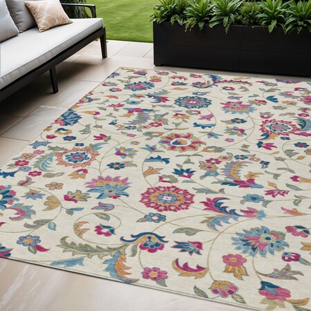 Homeroots 5' X 8' Linen Pink And Denim Blue Floral Washable Indoor Outdoor Area Rug 597825