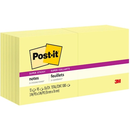Post-It Super Sticky Notes, 3x3 In., Yellow, PK12 654-12SSCY