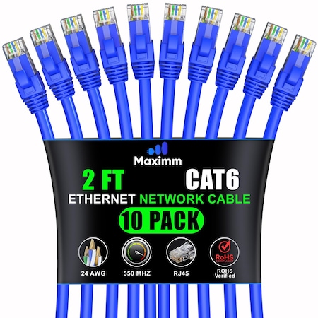 Maximm Cat6 Ethernet Cable 2ft 10Gbps 550MHz UTP, 10PK, Blue, 10PK CAT6-CCA-2FTBLUE-10PK