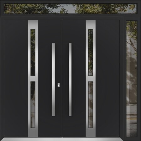 Vdomdoors Metal Double Doors Deux 1755 Black Enamel Opaque Black Glass 1 Sidelight and Top Transom Entry Mode DEUX1755DEXD-BLK-W72+16xH96+16-LH-O