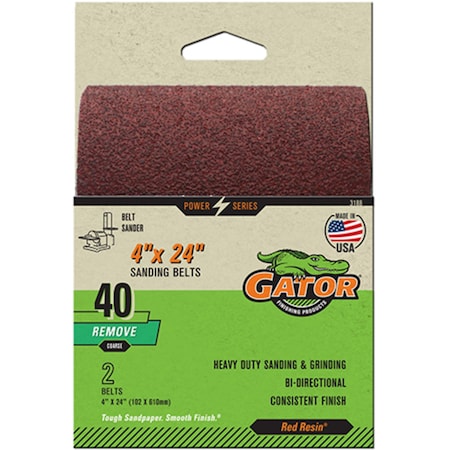 Gator Finishing Red Resin 4 x 24 in. Sanding Belt, 40 Grit, Coarse, 2PK 3188