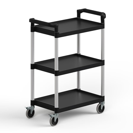 Amgood 32inx16in Utility/Bussing Cart, Three Shelves. Heavy-Duty Polypropylene, Black Shelves, Grey Posts AMG CART-PUC-3216-Z
