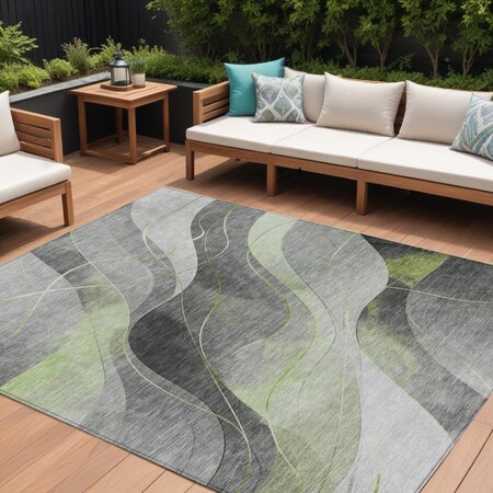 Homeroots 10' X 14' Artichoke Green Gray And Silver Abstract Washable Indoor Outdoor Area Rug 616753