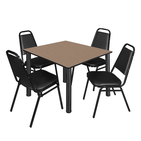 Regency Square Kee Breakroom Table W/ 4 Restaurant Stack Chairs, 48 in W, 48 in L, Noble Oak TB4848NOBPBK29BK